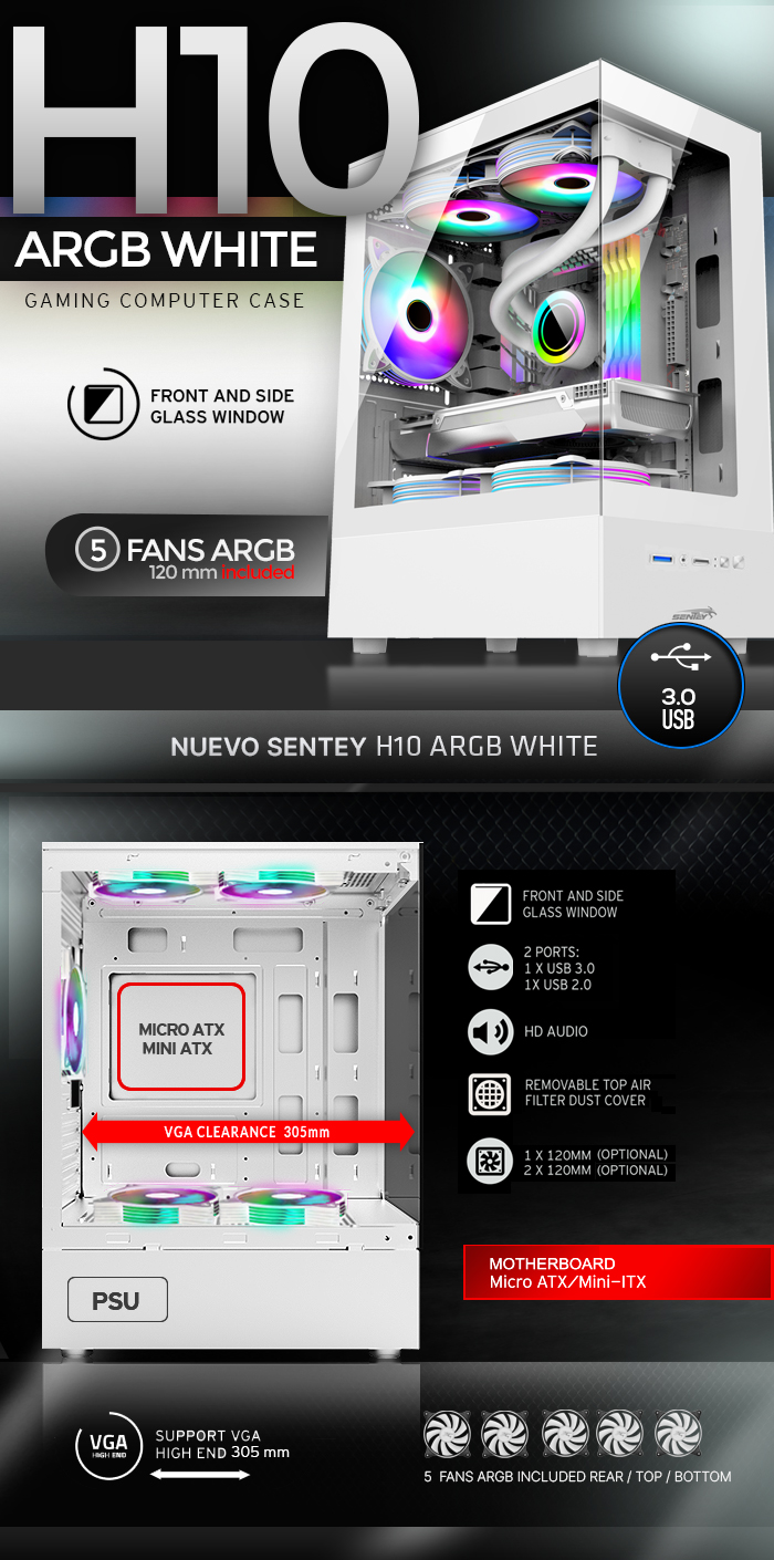 Gabinete Sentey H10 TG Vidrio Templado Frontal y Lateral Blanco (6100-ARGB-SFWHITE)