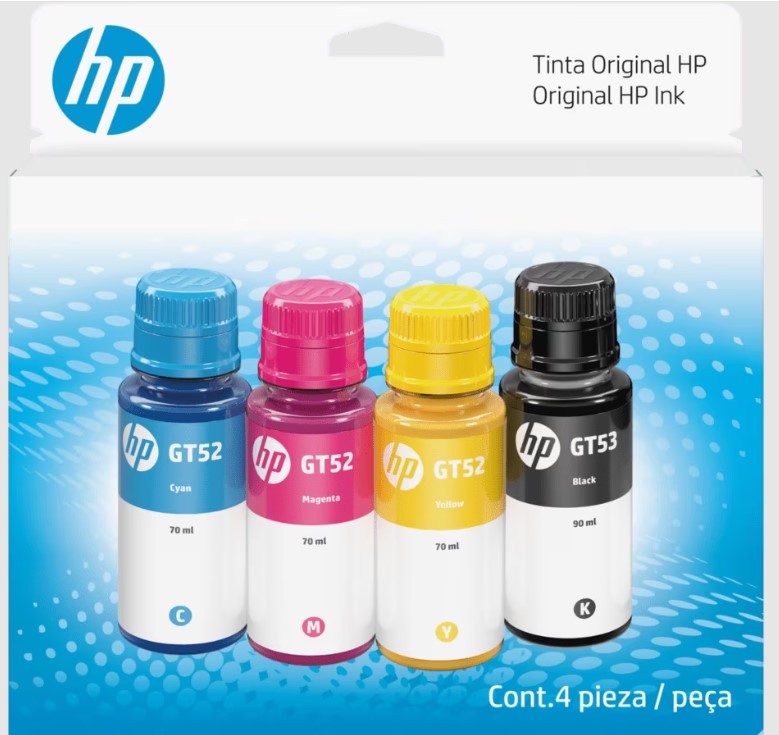 Kit x4 Botella HP GT53/GT52 Cyan-Magenta-Amarillo (9F3N4AL)
