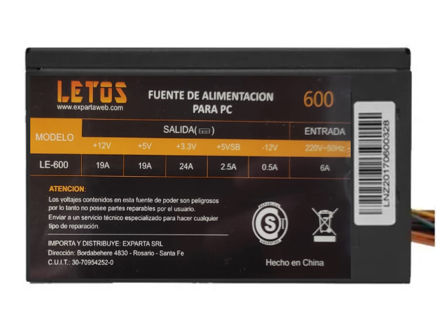 Fuente Letos 600W 1x24 Pin (LE-600)