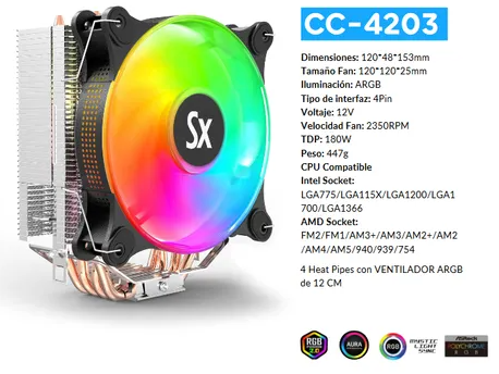 Cooler CPU Solarmax 12mm Fan ARGB TDP 180w (CC-4203) (IC04 202851 M)