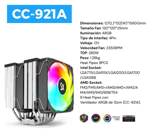 Cooler CPU Solarmax Doble Torre 12mm Fan ARGB TDP 280w (CC-921A) (IC04 202851 M)