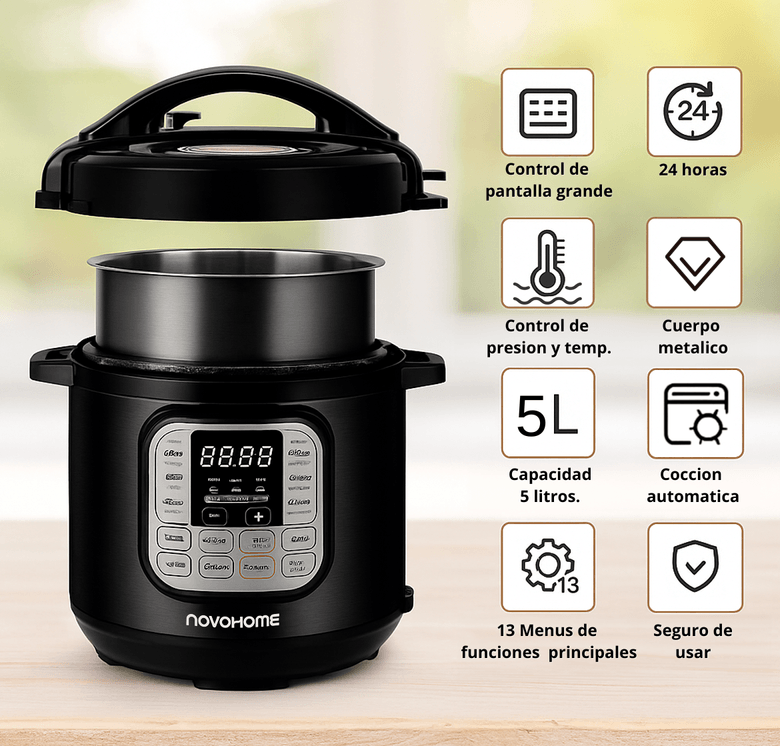 NOVOHOME Olla de Presion Digital Multifuncion 5lts Antiadherente 900w (NH-OM030)