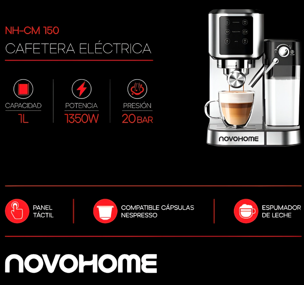 Cafetera Electrica NOVOHOME 1350w 1lts 20Bar (NH-CM 150)