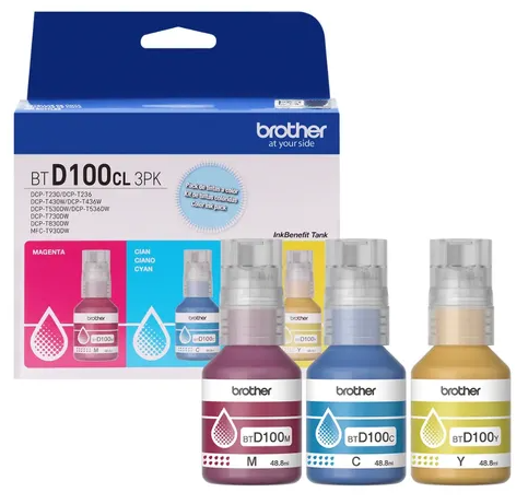 Botella Tinta Brother X 3 Cyan/Magenta/Amarillo 48.8 Ml BTD100CL 3PK